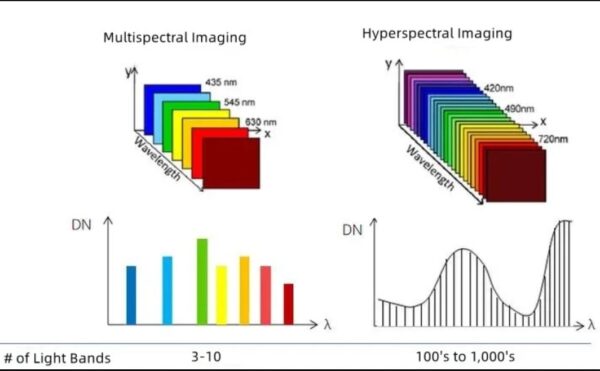 Differenza della banda spettrale tra immagine multispettrale e iperspettrale (fonte: JOUAV)