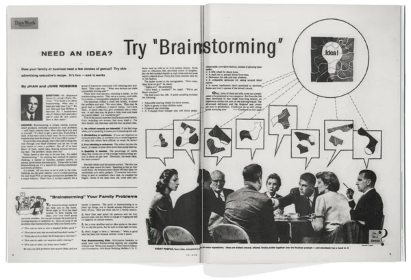 Il brainstorming, un nuovo metodo per incoraggiare il pensiero creativo, ha travolto le aziende americane negli anni Cinquanta. In risposta alla pressione per nuovi prodotti e nuovi modi di commercializzarli, nonché al panico per il conformismo, ha ispirato un appassionato dibattito sul fatto che la vera creatività debba essere un affare individuale o possa essere sistematizzata per uso aziendale.INSTITUTE OF PERSONALITY AND SOCIAL RESEARCH, UNIVERSITY OF CALIFORNIA, BERKELEY/THE MONACELLI PRESS