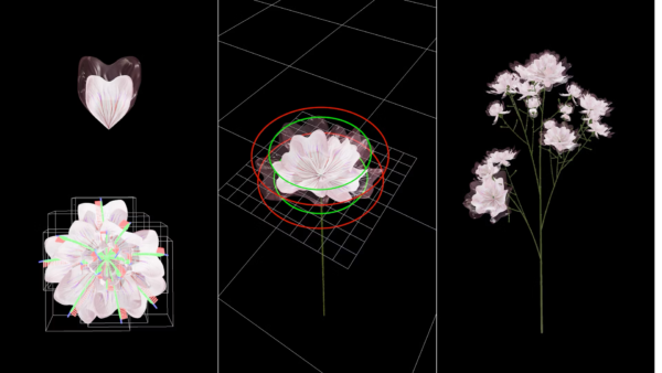Abbiamo progettato i fiori del futuro attraverso una combinazione di mappatura algoritmica basata sui dati e controllo artistico. Ho lavorato con l'artista dei dati Marcin Ignac di Variable Studio per creare fiori 3D il cui aspetto fosse collegato ai dati climatici. Utilizzando Nodes.io, abbiamo realizzato un modello 3D della Circaea alpina basato sulla sua morfologia attuale e poi abbiamo mappato come quei parametri fisici potrebbero cambiare con il cambiamento del clima. Ad esempio, con l'aumento della temperatura e la diminuzione delle precipitazioni nel set di dati, il colore dei petali tende al rosso, riflettendo il modo in cui i fiori si proteggono con un aumento degli antociani. I cambiamenti di temperatura, i livelli di anidride carbonica e i tassi di precipitazione si combinano per influenzare le dimensioni dei fiori, la densità delle venature, i pigmenti UV, il colore e la tendenza alla doppia fioritura.