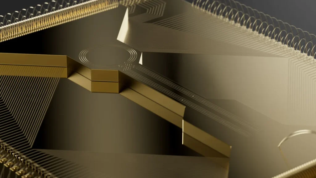 Una vista ravvicinata del nuovo chip Helios di Quantinuum. Quantinuum