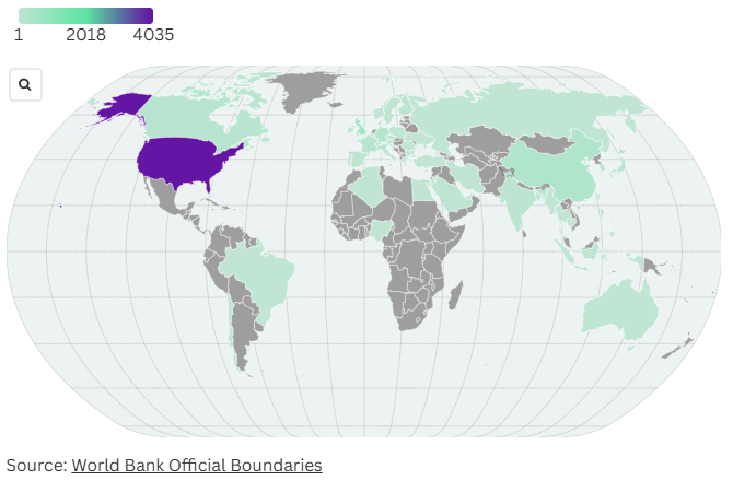 Insiemi di dati per paese di origineOltre il 90% dei set di dati analizzati dai ricercatori proviene dall'Europa e dal Nord America, mentre meno del 4% proviene dall'Africa. Fonte: World Bank Official Boundaries