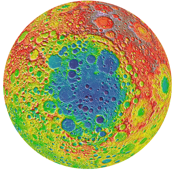 Il polo sud lunare, che si ritiene contenga una notevole quantità d’acqua, è un obiettivo allettante per l’esplorazione lunare e, a lungo termine, per l’insediamento. Questa mappa mostra la topografia della regione. Il bacino del Polo Sud-Aitken (in blu) è un immenso cratere costellato di crateri più piccoli. La distanza verticale dalle regioni più basse alle vette circostanti può superare i 15 chilometri, quasi il doppio dell’altezza del Monte Everest.NASA/GSFC/MIT